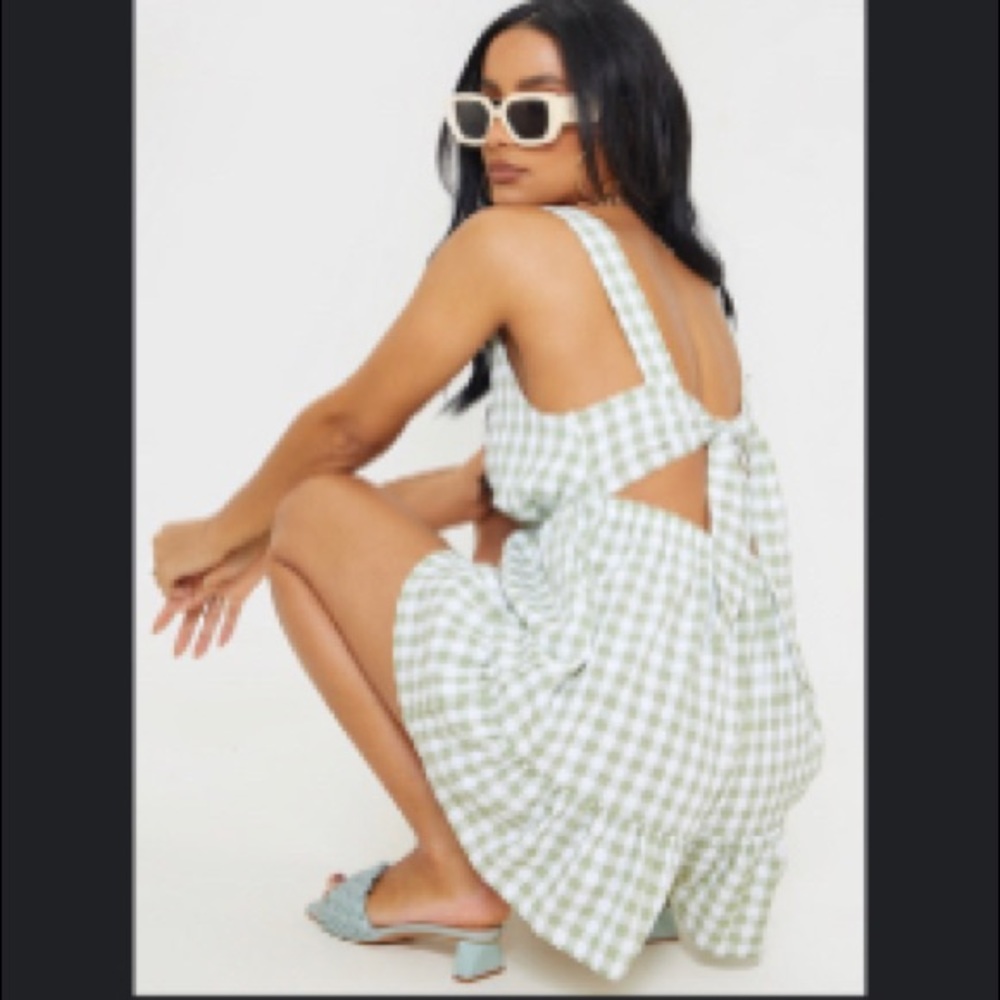 PLT Green Gingham Tie Back Plunge Frill Hem Playsuit